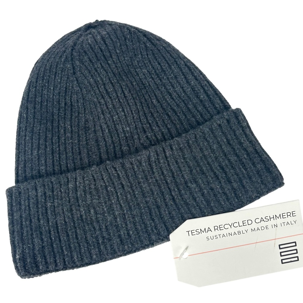 Tesma Italy Recycled Cashmere Beanie Unisex Grey Ribbed Knit Made in Italy NWT